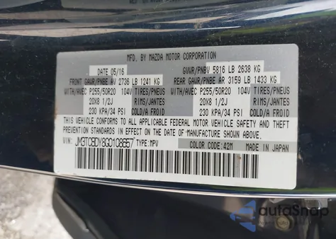 2016 Mazda Cx-9 Grand Touring z USA, uszkodzony, nr VIN JM3TCBDY8G0108657